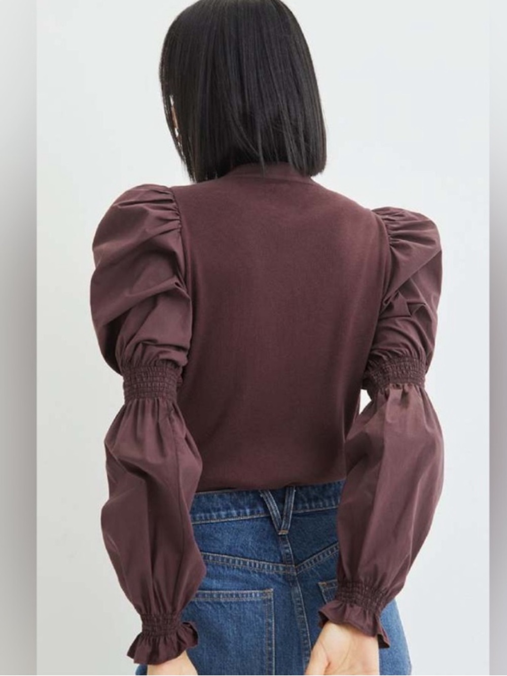 Veronica Beard Effy Top Size Small Oxblood Poet Sleeve Puff Sleeve Ribbed Henley - Picture 9 of 14